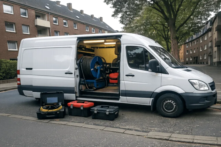 Kanalreinigungsfahrzeug im Einsatz auf einer Straße in Bochum-Wattenscheid.