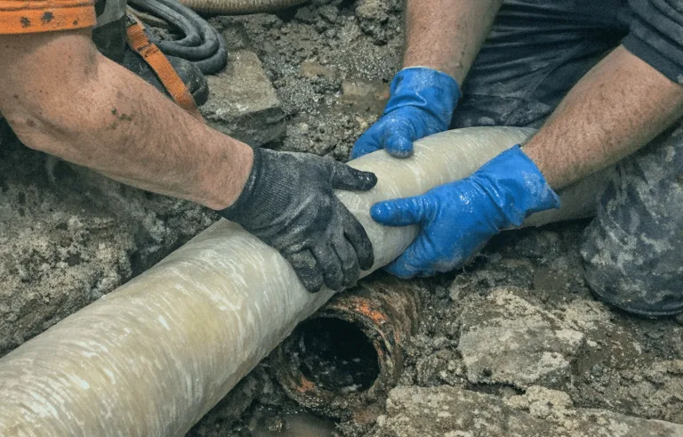 Einbau eines Harzliners in ein Abwasserrohr bei grabenloser Kanalsanierung.