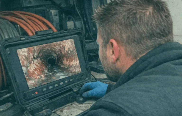 Monitor zeigt Innenansicht eines Abwasserrohrs während professioneller Kamerainspektion.