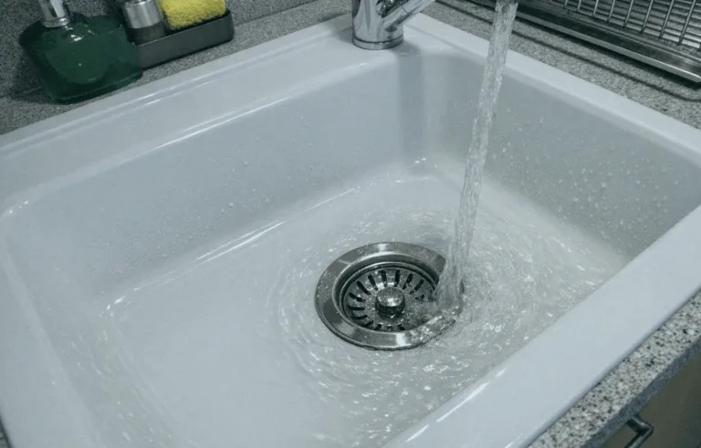 Sauberes Waschbecken mit reibungslosem Wasserablauf nach professioneller Rohrreinigung.
