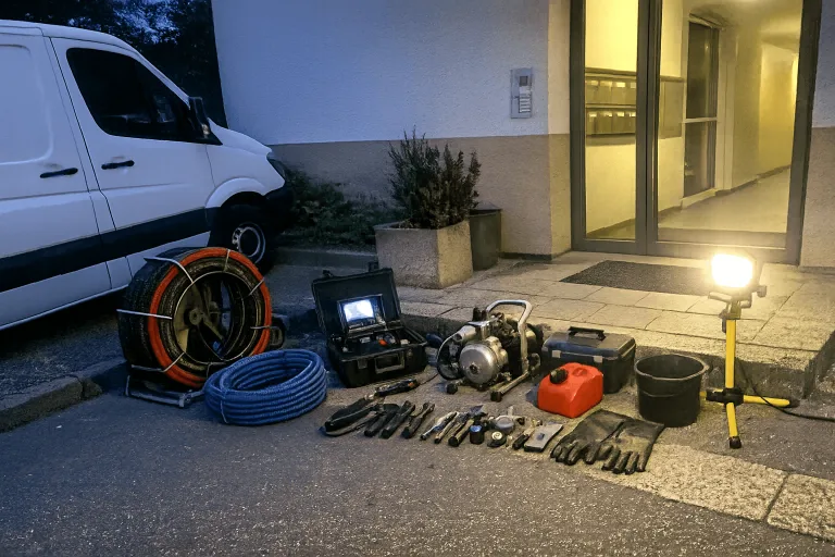 Notdienstfahrzeug und Arbeitsausrüstung für akute Rohrverstopfungen