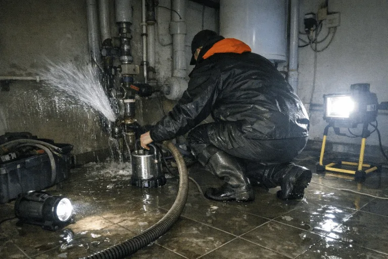 Techniker behebt Rohrbruch, sichtbare Wasserschäden und Überschwemmung im Innenraum