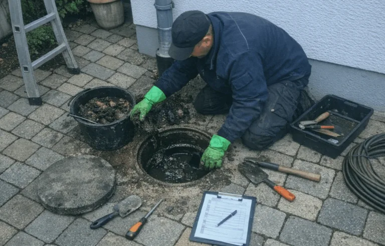 Außenansicht eines großen Gewerbekomplexes in Hofstede bei technischer Wartung der Entwässerungsanlagen.