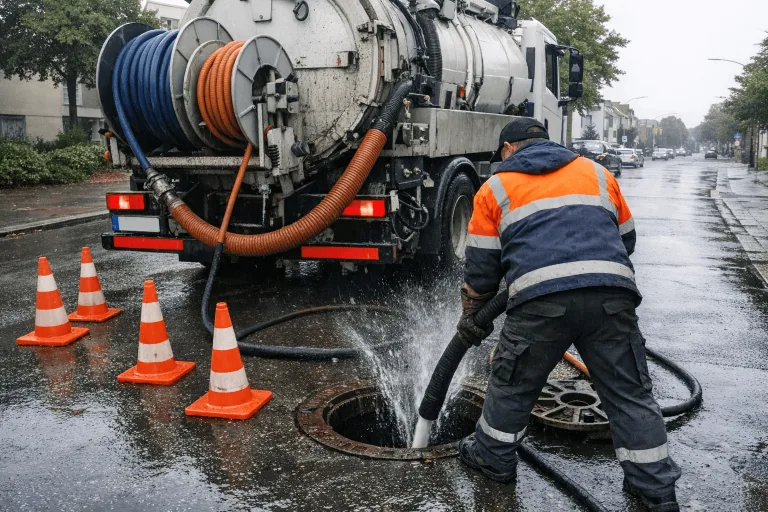 Schweres Spülfahrzeug bei der Kanalreinigung im Außeneinsatz