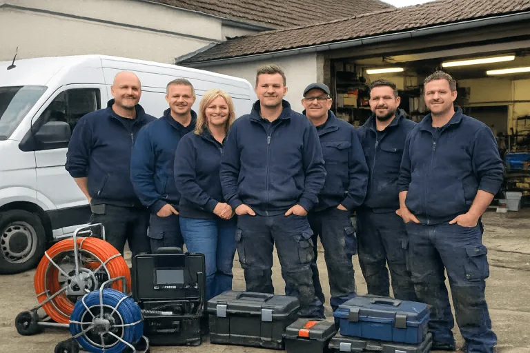 Team der Rohrreinigungsfirma in Arbeitskleidung vor dem Firmenstandort Bochum, professionelles Umfeld.