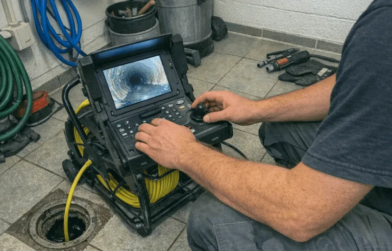 Rohrreinigungsgerät bei der maschinellen Reinigung einer Leitung in einem Technikraum