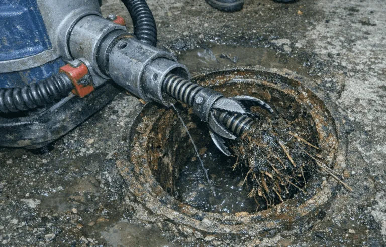 Spezialisierter Rohrfräsaufsatz neben geöffneter Rohrzugangsstelle in sauberer technischer Serviceumgebung.