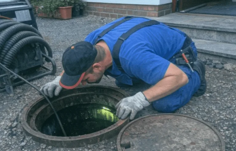 Techniker mit Servicefahrzeug und Inspektionsgerät in einer Straße in Bochum-Süd bei der Abflussreinigung.