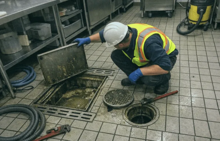 Sauberer Bodenablauf in einer gewerblichen Restaurantküche nach der Reinigung